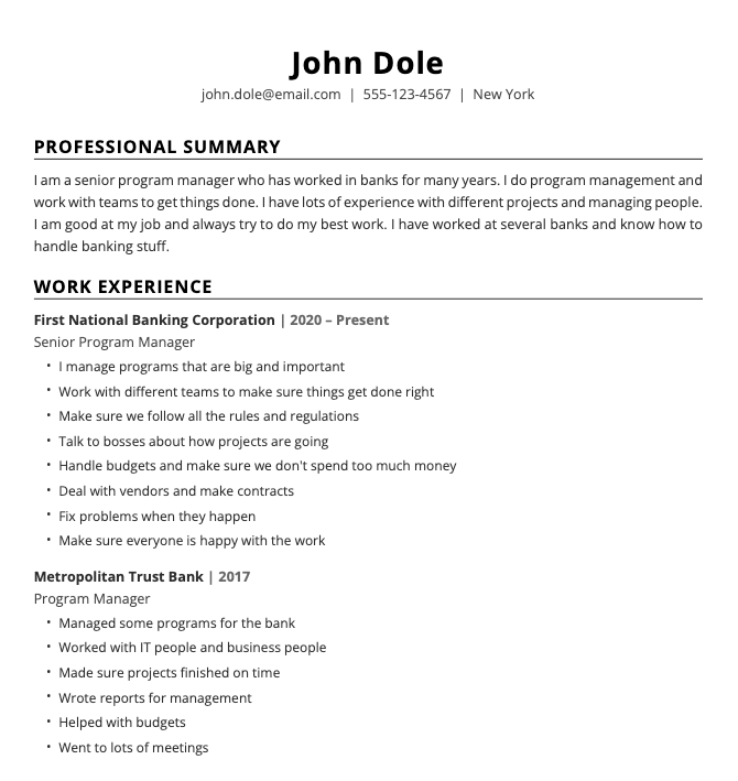 Resume before optimization - basic formatting and weak content